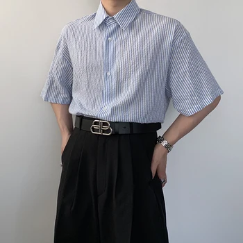 

2020 Summer New Youth Popular Japanese Pinstripe Loose Short Sleeve Shirt Fashion Casual Wild Puff Sleeve Top Blue M-XL