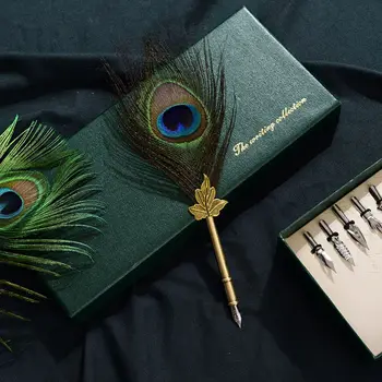 

Vintage Calligraphy Quill Peacock Feather Dip Fountain Pens Writing Ink Nibs Art 24BB