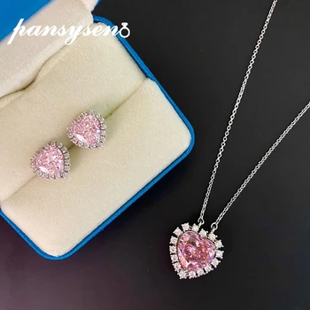 

PANSYSEN Romantic Heart Solid 925 Sterling Silver Wedding Engagement Quartz Lab Moissanite Diamond Necklace/Earrings Jewelry Set