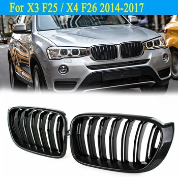 

Car Carbon Fiber&Gloss Black Double Slats Front Kidney Grille Grill For-BMW X3 F25 X4 F26 2014-2017