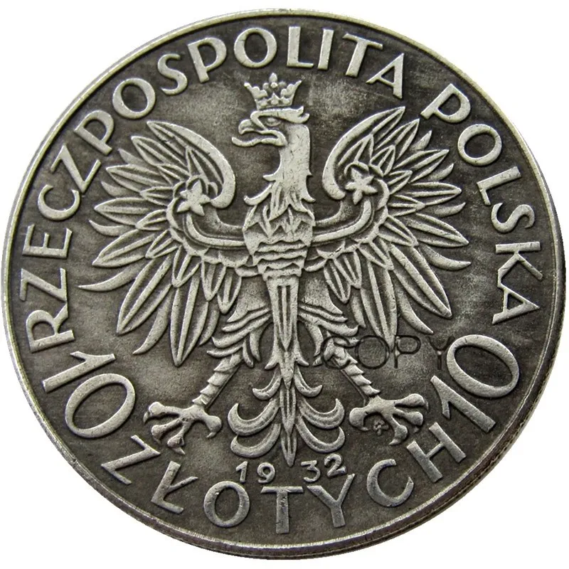 1932 1933 Польша 10 злотых Посеребренная копия монеты - Цвет: 1932
