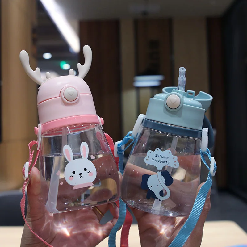 Kawaii Water Bottle Portable Cute Deer Cup With Straw Leak-proof Drinking Bottle for Girl Boy Students Kids