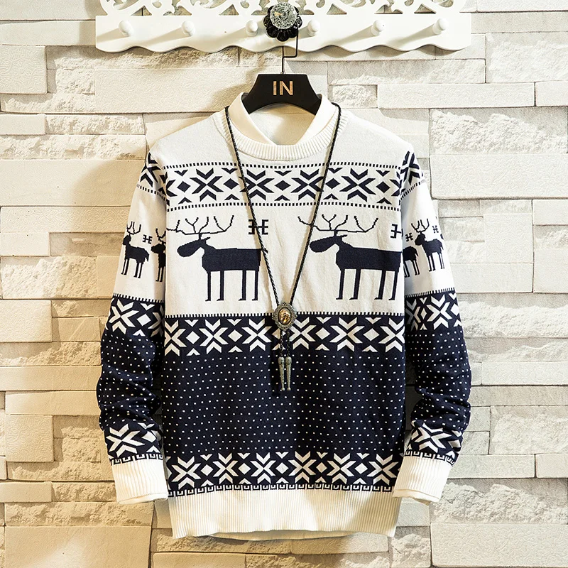 Loldeal Men Causal O Neck Sweater Deer Printed Autumn Winter Christmas Pullover Knitted Jumper Sweaters