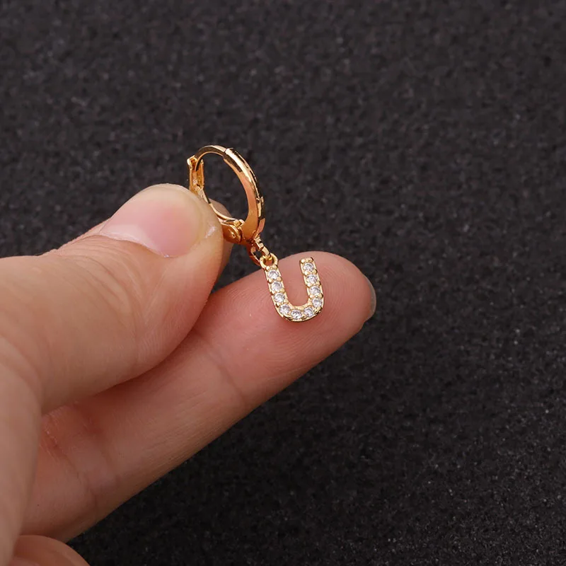 SEDmart 1pc Creative Cz 26 English Letters Stud Piercing Earrings Stainless Steel Zircon Ear Bone Hoop Initial Cartilage Jewelry