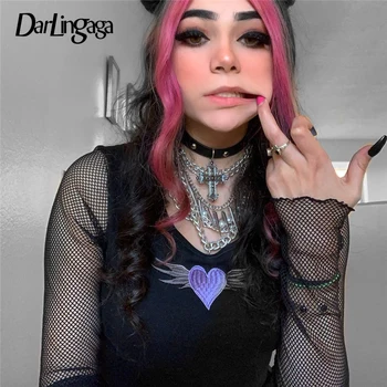 

Darlingaga Harajuku Heart Embroidery Gothic T shirt Fishnet Patchwork Crop Top Slim Casual T-shirts for Women Tops Tees Clothes