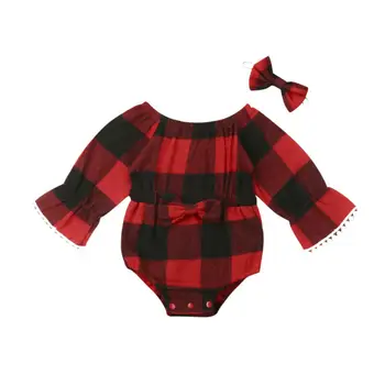 

New Christmas 2Pcs Baby Girl Plaid Bowknot Romper Jumpsuit Bodysuit Headband Clothes Set