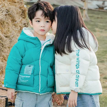 

2020 Children Down Jackets hooded warm 90% white duck down short jacket for girls green korean style print boy outerwear clothes