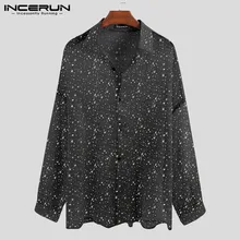 Сексуальные мужские прозрачные майки Блестящие модные длинные рукава шикарные свободные прозрачные пуговицы Топы вечерние рубашка для ночного клуба мужские INCERUN