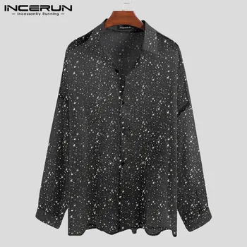 

2020 Sexy Men Transparent Shirts Shiny Fashion Long Sleeve Chic Loose See Through Button Tops Party Nightclub Shirt Men INCERUN