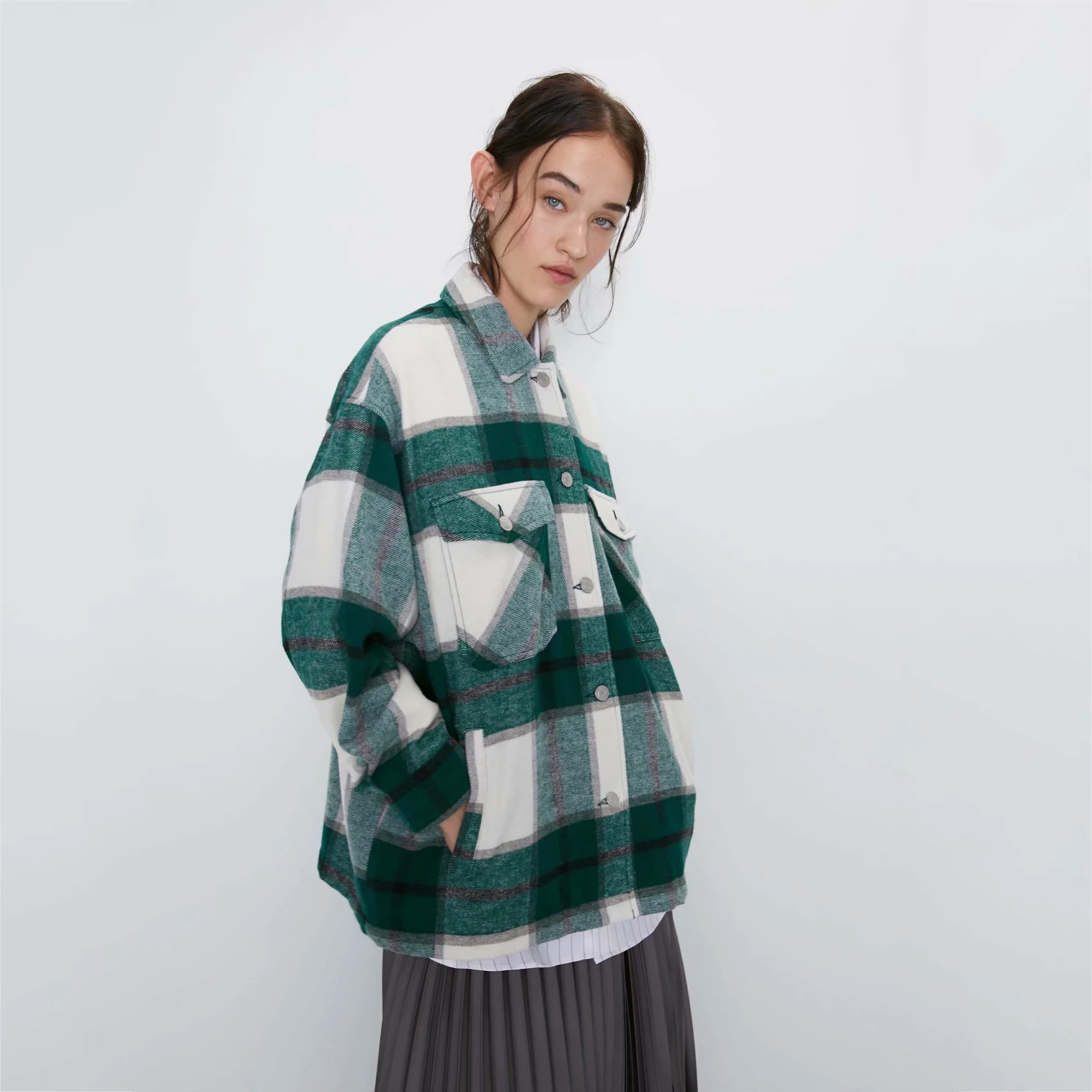 Za New Plaid Shirt Jacket Women Geometric Plaid Coats Fashing Clothing Long Sleeve Jackets Trendy Streetwear