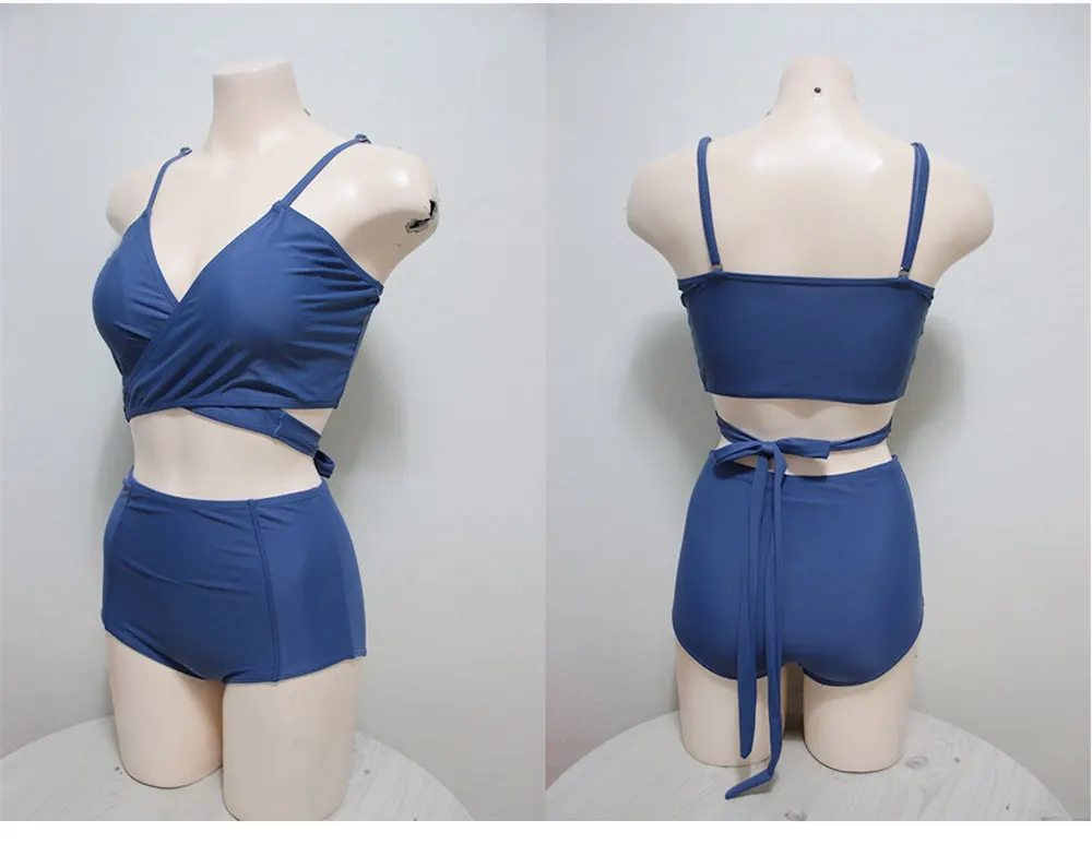 Sexy High Waist Bikini Women Solid Swimwear Bandage Biquini Push Up Swimsuit Crop Top Bikinis Belt Bathing Suit Pad Beachwear