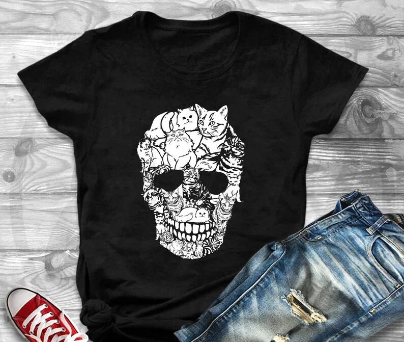 

Halloween Skull Kitty Skull Kitty Skeleton Costume Collar Cat 90s 100%Cotton O Neck Kawaii Shirt Short Sleeve Top Tees Girls y2k