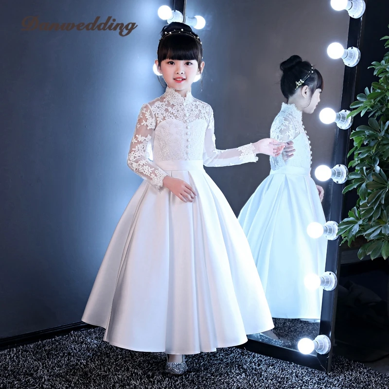 Элегантное детское праздничное платье; кружевное платье с аппликацией и поясом; длинное платье с цветочным узором для девочек на свадьбу; платье для первого причастия для девочек - Цвет: Ivory