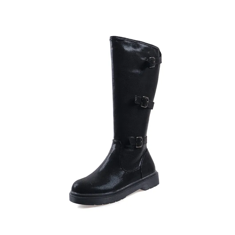 YMECHIC/ толстый низкий каблук; осенне-зимние сапоги до колена; женские рыцарские сапоги для верховой езды с пряжкой и ремешком; цвет черный, серебристый; женская обувь