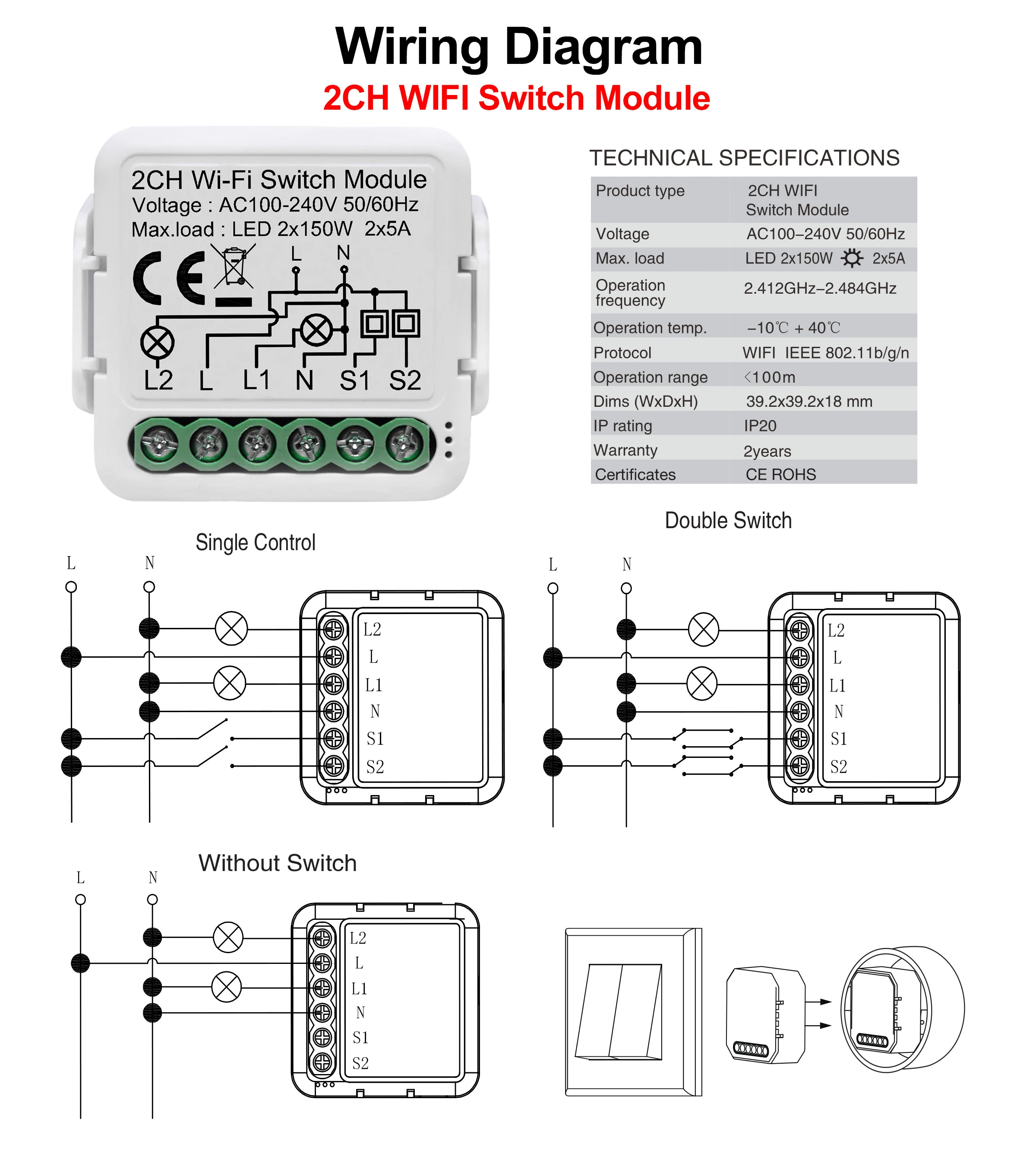 Tuya Wifi Smart Light Switch Module Supports 2 Way Control, App Remote Control DIY Breaker 100-240V, Work with Alexa Google Home