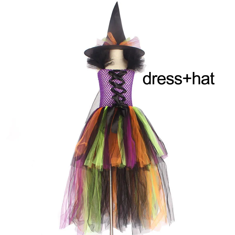 dress and hat Платье-пачка ведьмы на хеллоуин для девочек; Радужное платье со шлейфом из тюля; детское карнавальное платье для костюмированной вечеринки; детское нарядное бальное платье; костюм - Цвет: dress and hat
