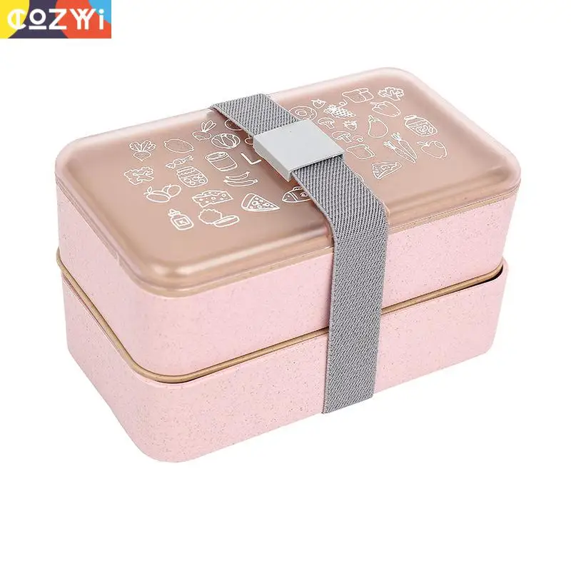 

On-the-Go Wheat Stalk Lunchbox Double Deck Bento Box Dinnerware Moveable Clipboard Tighten Belt Lunch Box