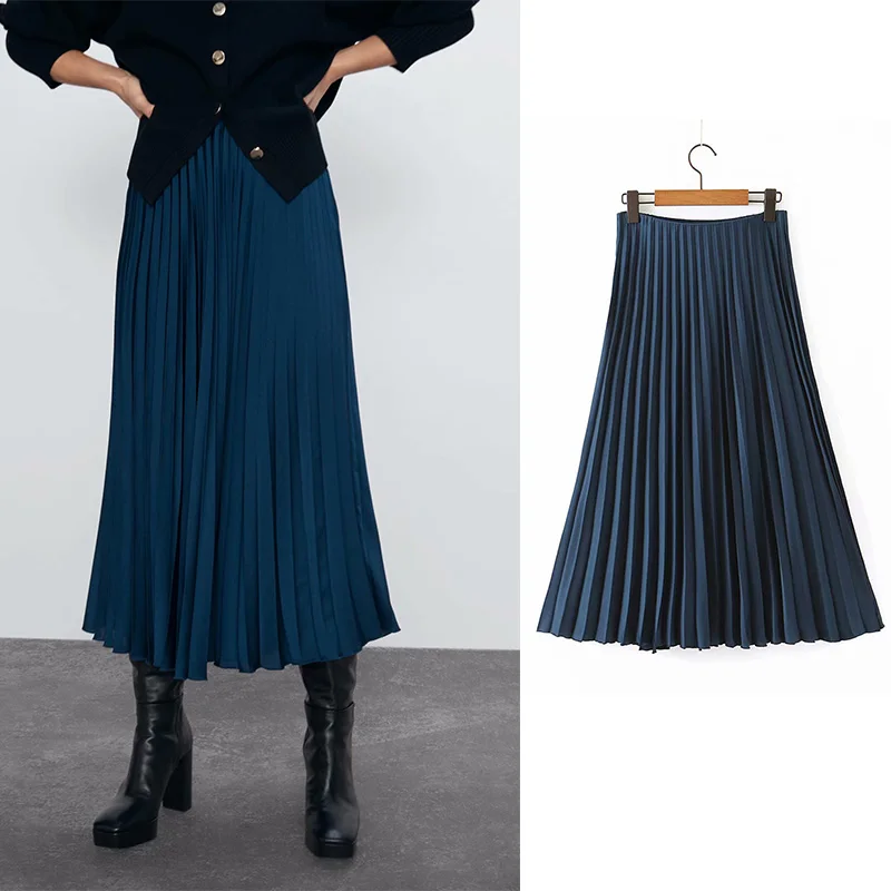 Women skirt za 2019 pleated satin casual long skirt navy high waist ropa mujer faldas mujer moda 2019 skirts womens Women skirt za 2019 pleated satin casual long skirt navy high waist ropa mujer faldas mujer moda 2019 skirts womens