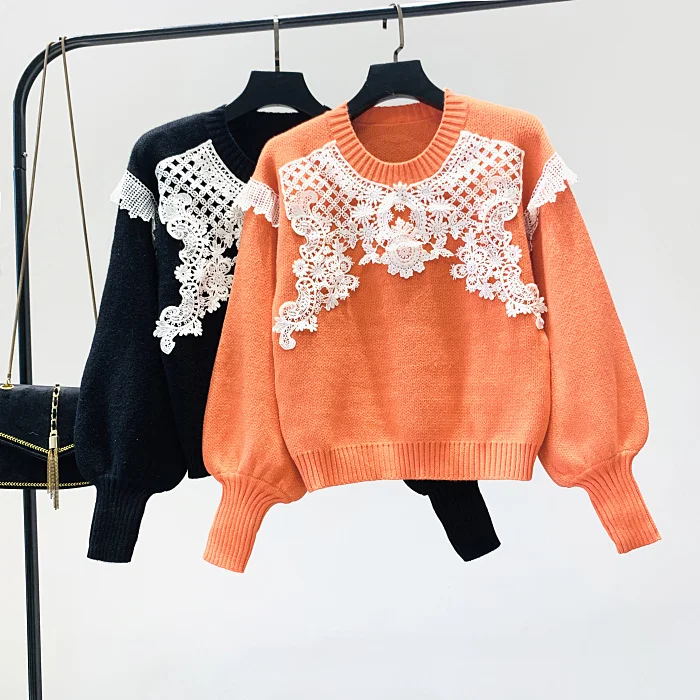 

Autumn and Winter Short Sweater Jacket Woman 2019 New Korean Loose Lace Knitted Shirt Round-necked Lantern Sleeve Sweater