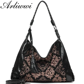 

Arliwwi 100% Real Leather Women Vintage Embroidery Soft Hobos Bags Genuine Suede Leather Black big black Female Handbag New GB07