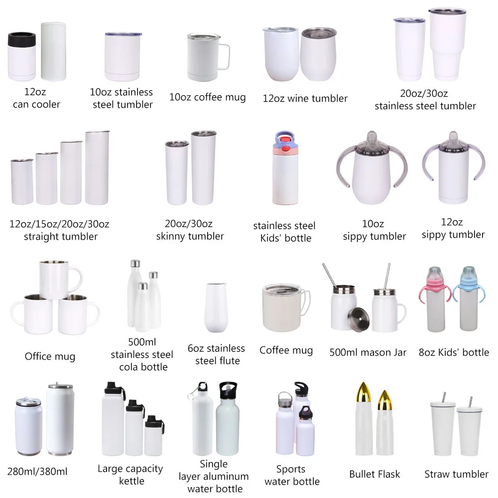 

White Sublimation Tumbler Blanks 10oz 12oz 15oz 17oz 20oz 30oz Blank Stainless Steel Vacuum Mug for DIY Gift Heat Press Tumblers