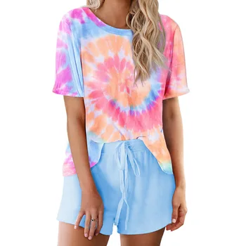 

SIMISI New Women's Pajamas Set Round Neck Tie-dye Polyester Sleepwear European and American Style Wearable Home Clothes Summer