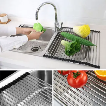

304 Stainless Steel Draining Rack Tray Holder Kitchen Water Channel Sink Foldable Washing Dishes Bowl Vegetable Fruit Drain Dry