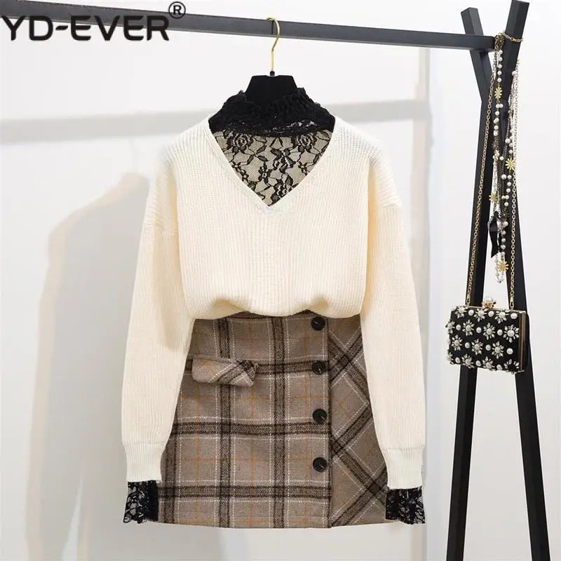 

2019 Autumn Winter Women Casual Lace Patchwork Knitted Sweater Pullovers 2PCS Set + Wool Pocket Trims Button Plaid Skirt Set