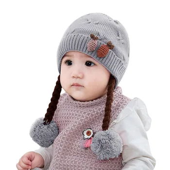 

Newborn Girls Baby beanie caps toddler Acrylic fiber cute cartoon braid hats with pom poms fitted panama Knited Beanie hat A40