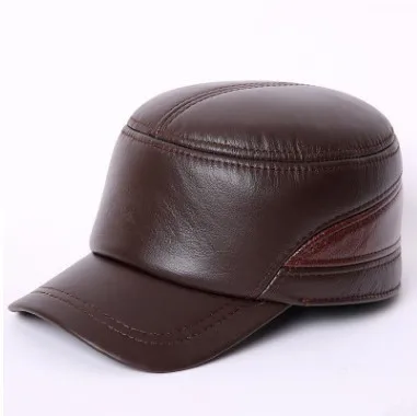 XdanqinX, для взрослых, мужская плоская кепка, натуральная кожа, кепка, армейские, военные шапки для мужчин, зимние теплые шапки с наушниками, из воловьей кожи, для папы, Кожаная шапка - Цвет: color-1