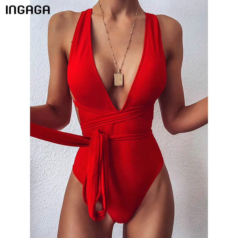 INGAGA 2020 Plunging Swimsuit One Piece High Cut Swimwear Women Cross Bandage Beachwear Summer Backless Bathing Suit Women-0