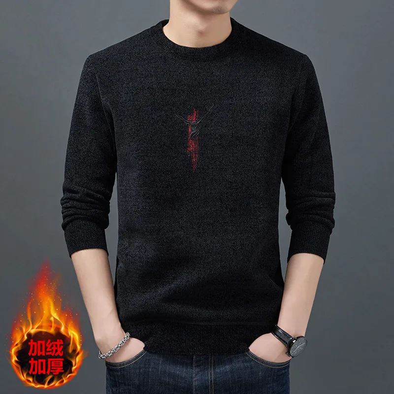 Men Sweaters 2019 Autumn and Winter New Round Neck Plus Velvet Thick Warm Bottoming Sweater Middle-aged Men's Pullover Sweater