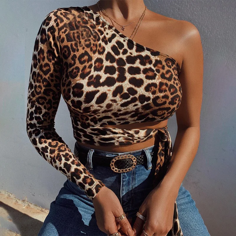 Криптографический сексуальный укороченный топ на одно плечо, открытая леопардовая расцветка, кружевные футболки для женщин, тонкие модные осенне-зимние футболки