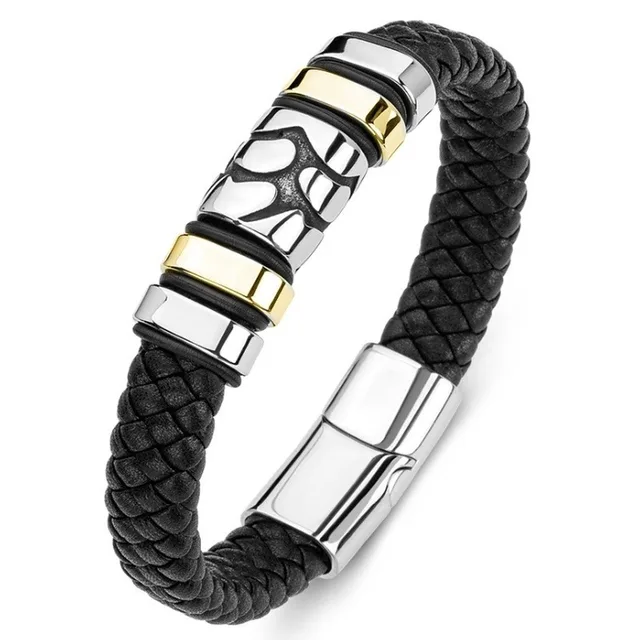 Classic Black Leather Wrap Bracelet for Men Metal Magnetic Clasp Fashion Bangle Bracelet Birthday Gift A10226-Gold-23cm