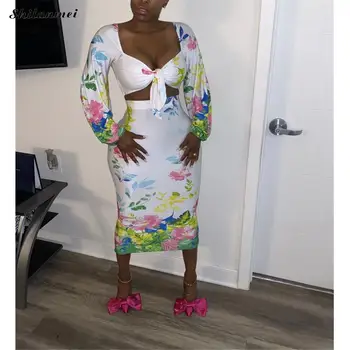 

Elegant Outfits Festival Matching Sets Bohemian Flower Two Piece Set Deep V Neck Bow Tie Crop Top + Pencil Skirt Dress Set XXL