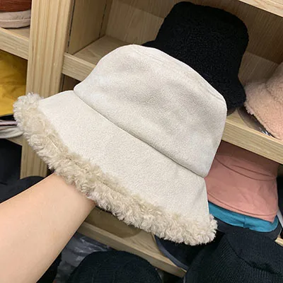 Зимние женские шапки из овечьей шерсти и замши, однотонные толстые теплые шапки в рыбацком стиле, Модные Повседневные шапки с плоским верхом, уличные шапки в стиле Харадзюку - Цвет: White