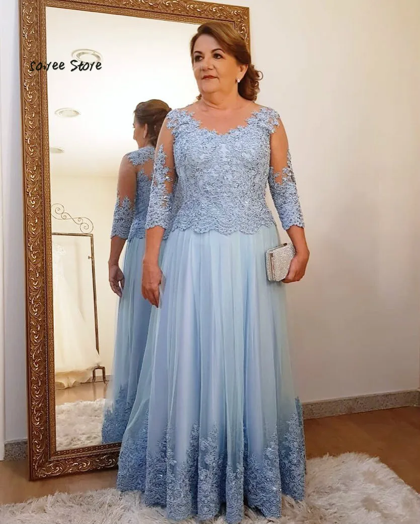 as picture blue Элегантные Синие платья для матери невесты с длинным рукавом размера плюс, кружевные вечерние платья длиной до пола, вечерние платья с бусинами - Цвет: as picture blue