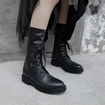 

natural Leather Women mid-calf Boots Women Stocking boots top layer cowhide outdoor booties woman European and American fashion
