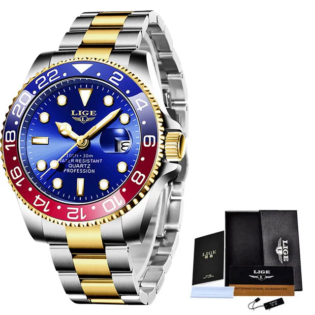 LIGE Top Brand Luxury Fashion Diver Watch Men 30ATM Waterproof Date Clock Sport Watches Mens Quartz Wristwatch Relogio Masculino Red blue