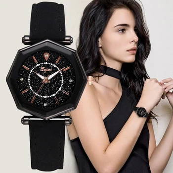 

Fashion Women Wrist Watch Ladies Watches Octagonal Dial Creative Universe Retro Leather Quartz Wristwatches Woman Female Clock