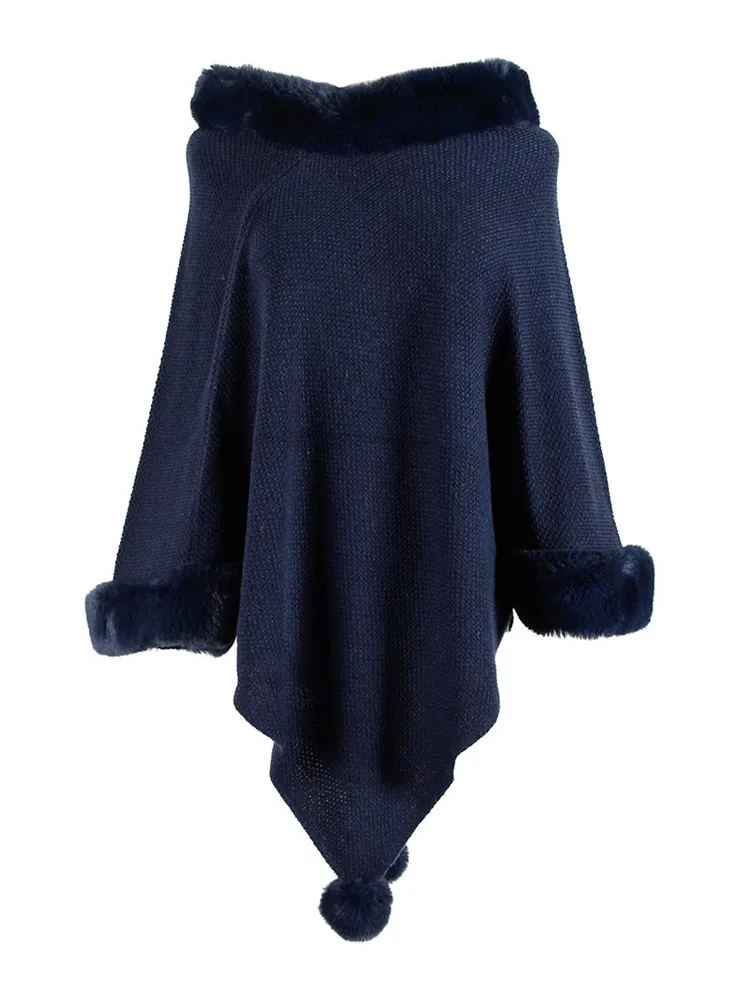 Luxury Brand Faux Fur Womens Poncho Wrap O-neck Fur Collar Female Shawl Solid Knit Scarves for Women Loose Batwing Sleeve Capes