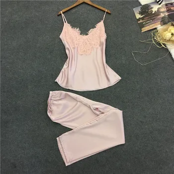 

Fashion Elegant Women Lady Silk Satin Sleepwear Babydoll Sexy Lingerie Nightwear Long Pyjamas Set Casual