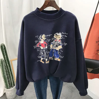 Navy Blue Флисовая Толстовка с высоким воротником, женская зимняя Толстовка Kawaii с рисунком из мультфильма, Пушистый пуловер, толстовка для подростков, теплое пальто, верхняя одежда - Color: Navy Blue
