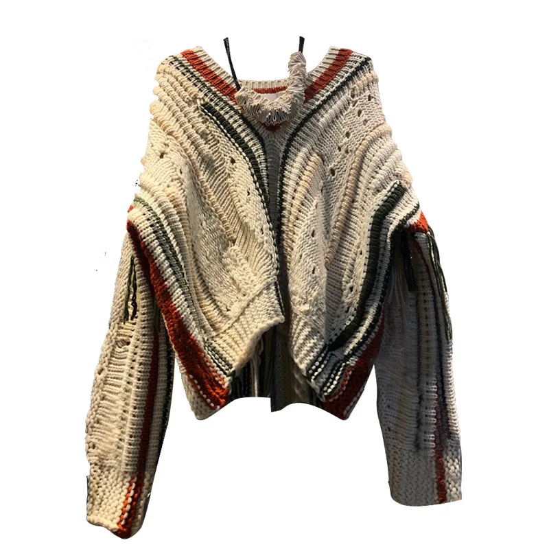 Pull Femme, осенне-зимний женский корейский вязаный свитер с v-образным воротником, короткие женские джемперы для улицы, рваные