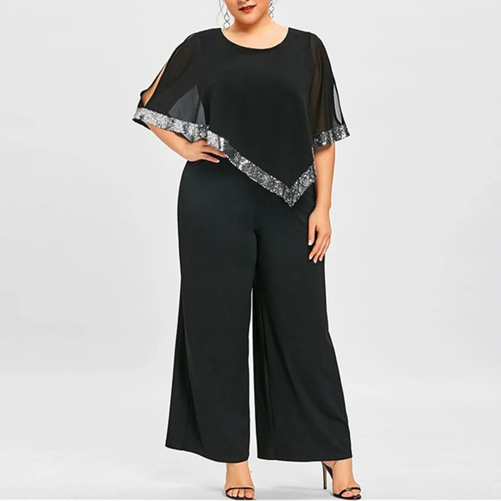 

rompers womens jumpsuit Fashion Plus Size Zipper Sequined Overlay Wide Leg Jumpsuit комбинезон женский Dropshipping#XB20