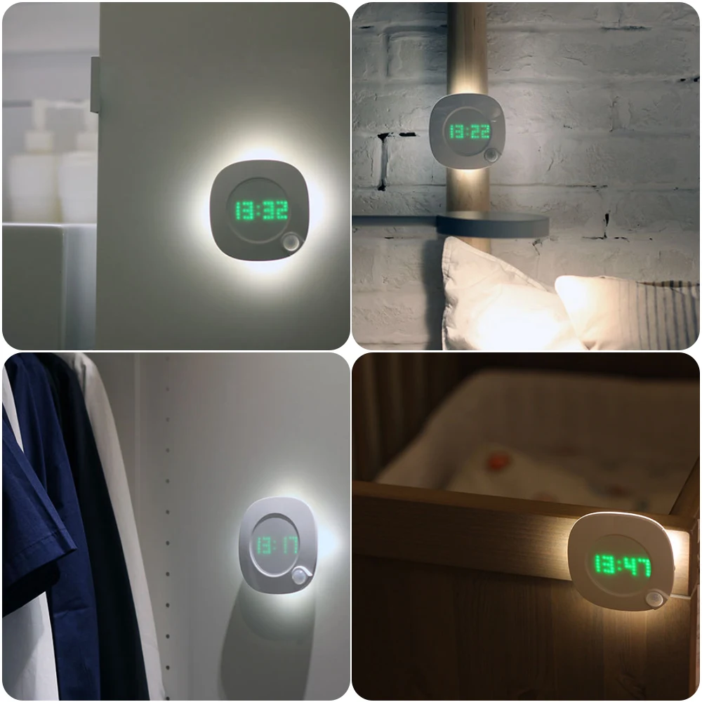 Датчик движения ночник с часами батарея питание PIR два освещения цвет