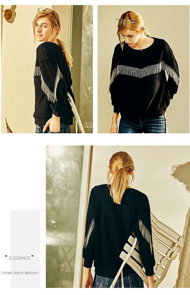 L~ 4XL 5XL Beadings Tassel Women Cotton Sweatshirt Black Long Batwing Sleeve Tee Shirt Big Size Ovesize Casual Tops AOFULI A4074