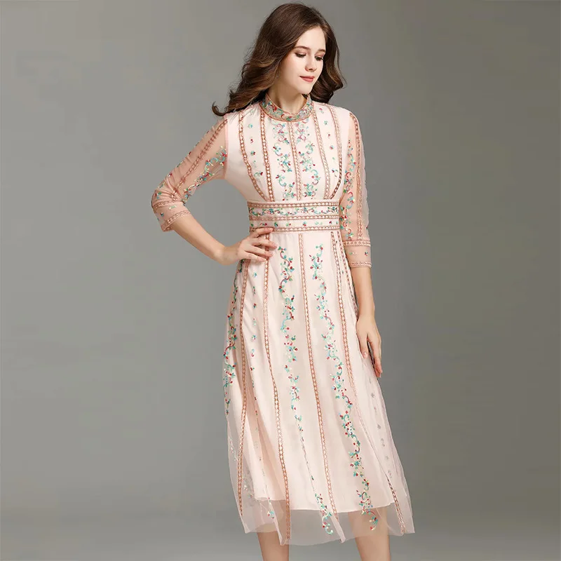

HUAYIMENGYI Summer Elegant Ladies Temperament Floral Embroidery Lace Pink Dress A Line Slim High Waist Women Party Long Dresses