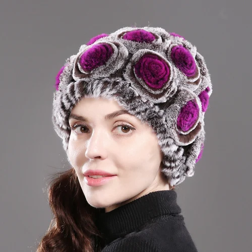 coffee and purple Женский Настоящий мех кролика, шапка для русской зимы, теплый мех кролика Рекс, шапка бини, натуральный цветочный Повседневный Настоящий мех кролика, шапка - Цвет: coffee and purple