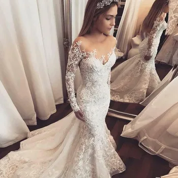 

Wedding Dress Mermaid Illusion Bateau Long Sleeves Tulle with Appliques For Wedding Party